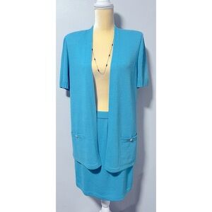 BEAUTIFUL Sea Blue St John Collection Two Piece Set Skirt Cardigan Suit Sz S /6